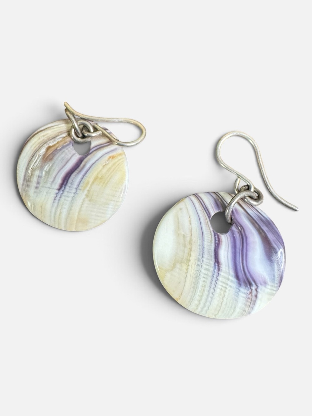 Wampum Quahog Shell Round Purple Earrings with Sterling Hooks